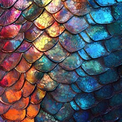 Abstract composition of iridescent reptilian scales, multicolored hues with cool gradient lighting, high-gloss texture, vivid clarity