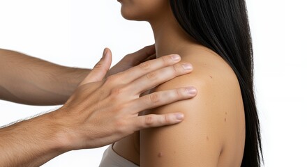 Gentle Hands Examining a Shoulder with Minor Scars Against a White Background