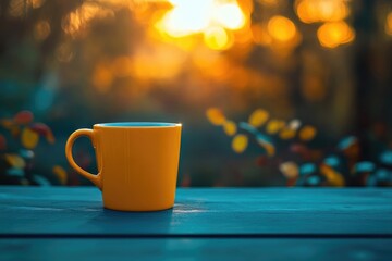 A bright yellow mug filled with a refreshing beverage sits on a table, illuminated by a warm sunset. Surrounding leaves and flowers hint at spring's arrival