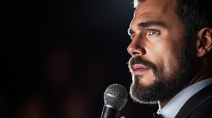 Male performer with a beard, dressed in formal wear, passionately speaking into a microphone on stage.