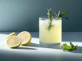 Fototapeta premium A delicious spring drink combines fresh citrus and mint with herbal elements, served over ice, embodying the essence of springtime refreshment