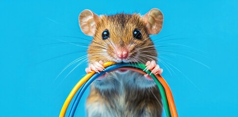 Adorable Brown Mouse Holding Colorful Wires Against Blue Background