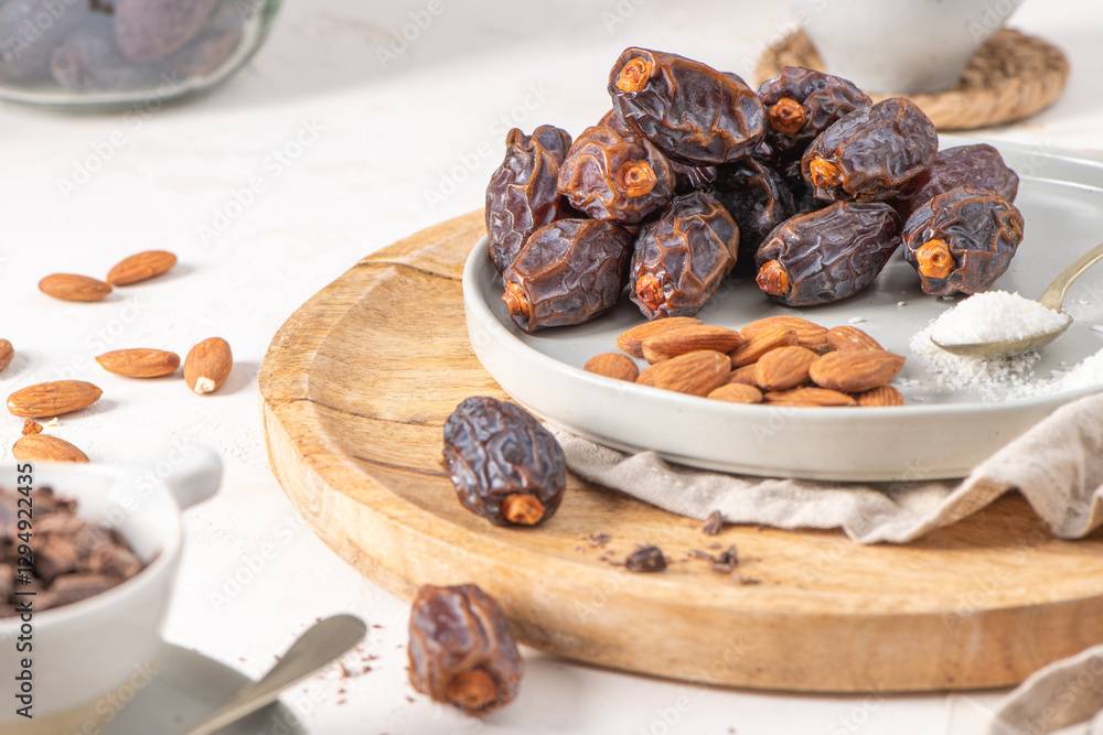 Aufkleber medjool dates and almonds on a wooden board with a bowl of chocolate chunks and a bowl of almonds in