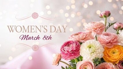 Women's Day celebration graphic with flowers and text on blurred background
