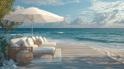 Obraz premium Cozy Beachside Retreat with Sun Lounger and Ocean View