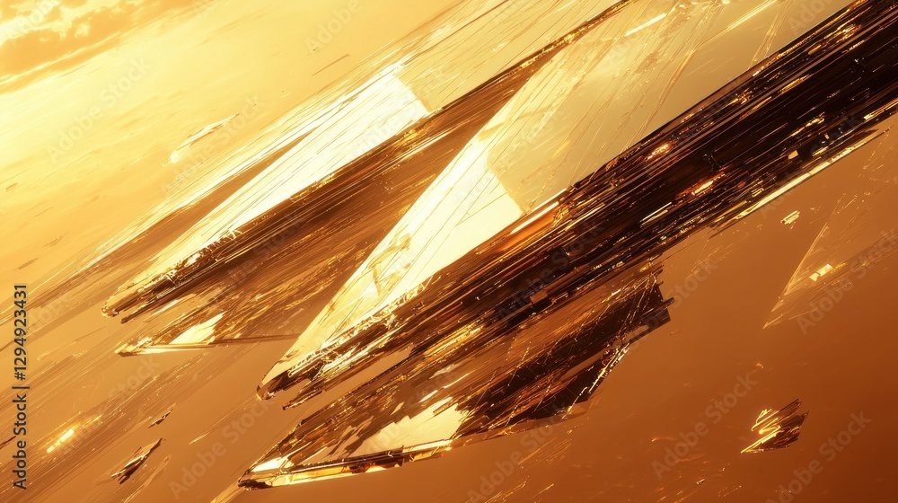 Poster abstract golden geometric shapes and structures in motion, futuristic design.