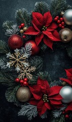 Festive Christmas wreath with red poinsettias, ornaments, and pine sprigs on a dark background.
