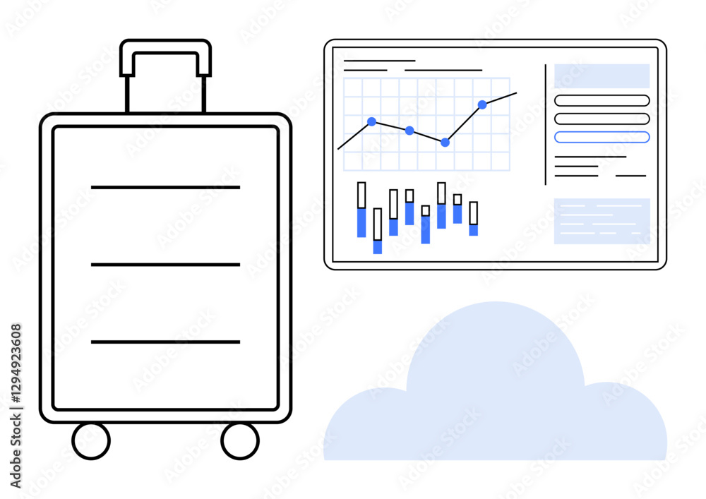 Poster travel suitcase alongside data analytics screen with graphs and bars, and a cloud icon. ideal for bu
