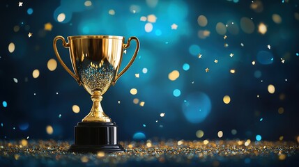 Golden Trophy with Glitter and Blue Bokeh Background