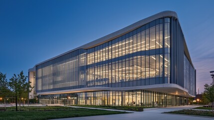 Naklejka premium Modern glass building at dusk, showcasing its sleek architecture and illuminated interior spaces.