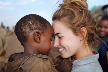 Fototapeta premium A heartwarming moment: A young woman and child share a tender moment, symbolizing hope, compassion, and the beauty of human connection.