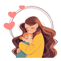 Woman embracing her child. Mother and daughter. Concept of Happy Mother's Day card with hearts. Illustration isolated