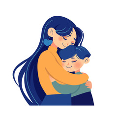 Woman embracing her child. Beautiful Mother and son. Colorful illustration isolated. Warm and emotional composition, perfect for greeting cards, posters, and digital designs