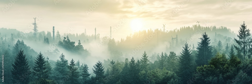 Aufkleber eco friendly natural gas concept with misty forest and gas infrastructure at dawn in a serene enviro