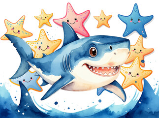 Naklejka premium cute shark with big smile and happy eyes having fun as playful ocean character with cheerful colorful starfish in underwater cartoon illustration
