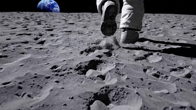 Low-angle video shot of an astronaut's boot stepping on the moon's surface, with Earth visible in the background, highlighting exploration.