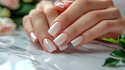 skilled nail technician gently holds client's hands while applying fresh glossy manicure in serene beauty salon featuring marble countertops and stylish tools.