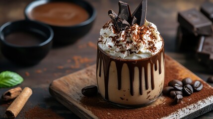 Indulgent coffee drink topped with whipped cream, chocolate shavings, and decorative chocolate pieces served on a rustic wooden table