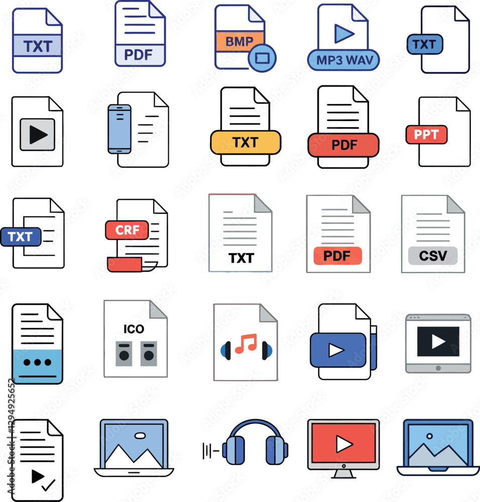 Poster document and media file icons in flat design style for digital content vector illustration