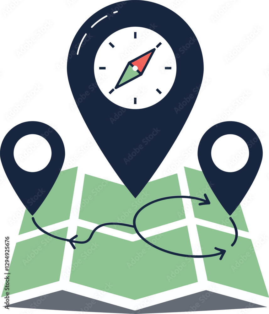 Poster map with navigation pins and a compass in a minimal flat design vector art