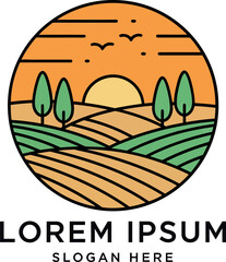 Fototapeta premium Scenic landscape featuring rolling hills and a vibrant sunset in flat vector art