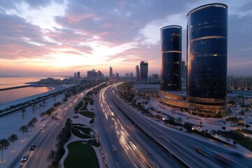 A stunning sunset bathes the urban skyline in warm hues, reflecting beautifully on the surrounding waters, capturing the essence of a vibrant city life.