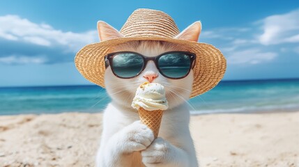 Playful cat enjoying ice cream at the beach fun animal photography sunny coastal environment whimsical perspective