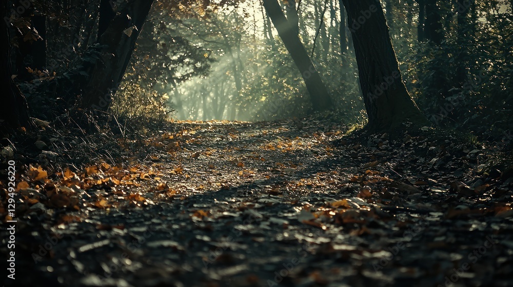Poster sunlit autumn path through a dark forest.