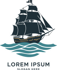 Detailed pirate ship sailing on stylized waves in flat vector art style