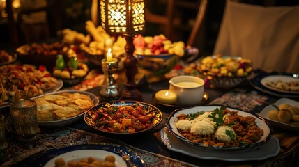 Fototapeta premium Vibrant Middle Eastern feast with traditional dishes and lively atmosphere during a gathering at night