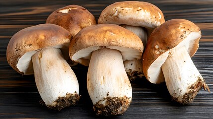 Closeup of Four Brown and White Porcini Mushrooms on Dark Wood