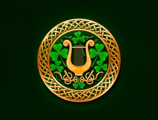 A golden Celtic harp surrounded by green shamrocks inside an ornate circular frame. A symbol of Irish heritage, music, and St. Patrick’s Day celebrations