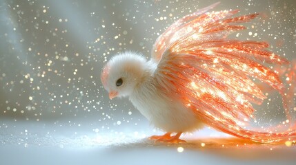 tiny baby phoenix rests gracefully on white backdrop showcasing vibrant red and gold feathers. Delicate embers surround its wings revealing enchanting magic.