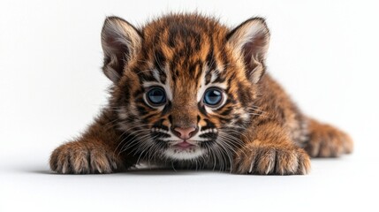 Softly spotted fur covers playful saber toothed tiger cub whose tiny developing fangs and gleaming blue eyes make it delightful sight against white backdrop.