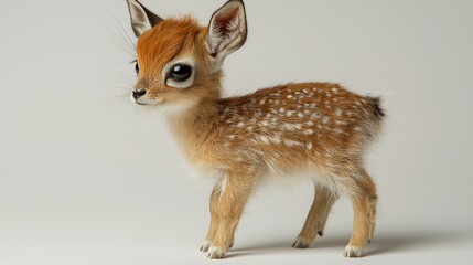baby antelope stands on white background its slender legs just supporting its small frame. delicate creature has soft tan fur and expressive dark eyes exuding gracefulness.