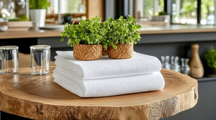 White Textured Towels and Small Potted Plants on Rustic Wooden Table