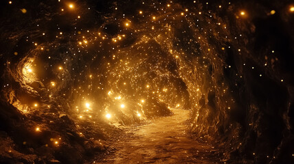 Sparkling Cave Interior With Glowing Lights And Reflections 