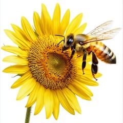 Close-Up of Honey Bee Pollinating Bright Sunflower Surrounded by Vibrant Yellow Petals in Natural Setting