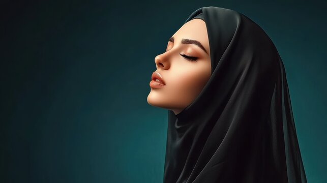 Captivating portrait of a woman in hijab studio setting digital art dramatic lighting profile view cultural expression