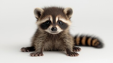 Obraz premium small baby raccoon sits on clean white background its fluffy fur and curled striped tail enhancing its playful demeanor. Its black paws stretch out revealing curious expression.