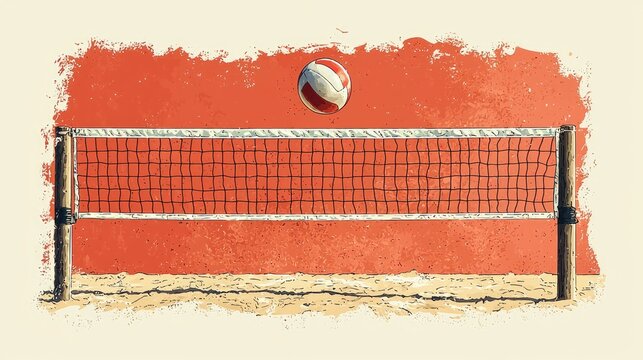 A vibrant beach volleyball scene with a ball soaring over the net against a red backdrop