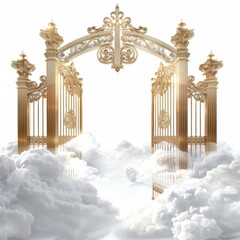 Shimmering white gates of heaven, highlighted by soft cloud patterns and a glowing top, resting against a peaceful white backdrop.