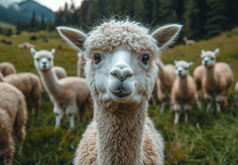 Obraz premium Close-up of a Curious Alpaca with Flock in Background on a Green Meadow