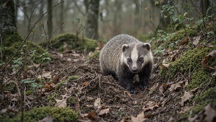 Fototapeta premium A determined badger excavates the forest floor surrounded by lush foliage and singing birds in a serene woodland setting