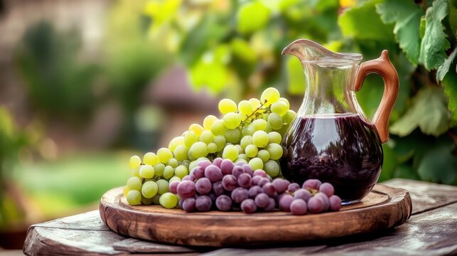 Freshly picked grapes and a pitcher of freshly made grape juice showcased on a wooden table in a sunny outdoor setting surrounded by lush greenery - Powered by Adobe