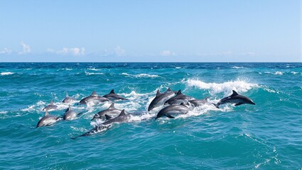 Naklejka premium Graceful pod of dolphins playing in the sun dappled tropical waters their silvery bodies leaping in synchrony under the endless blue sky