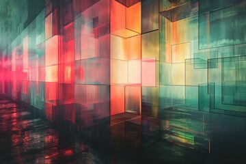 A digital design with squares in soft gradient transitions, creating an abstract atmosphere with glowing edges