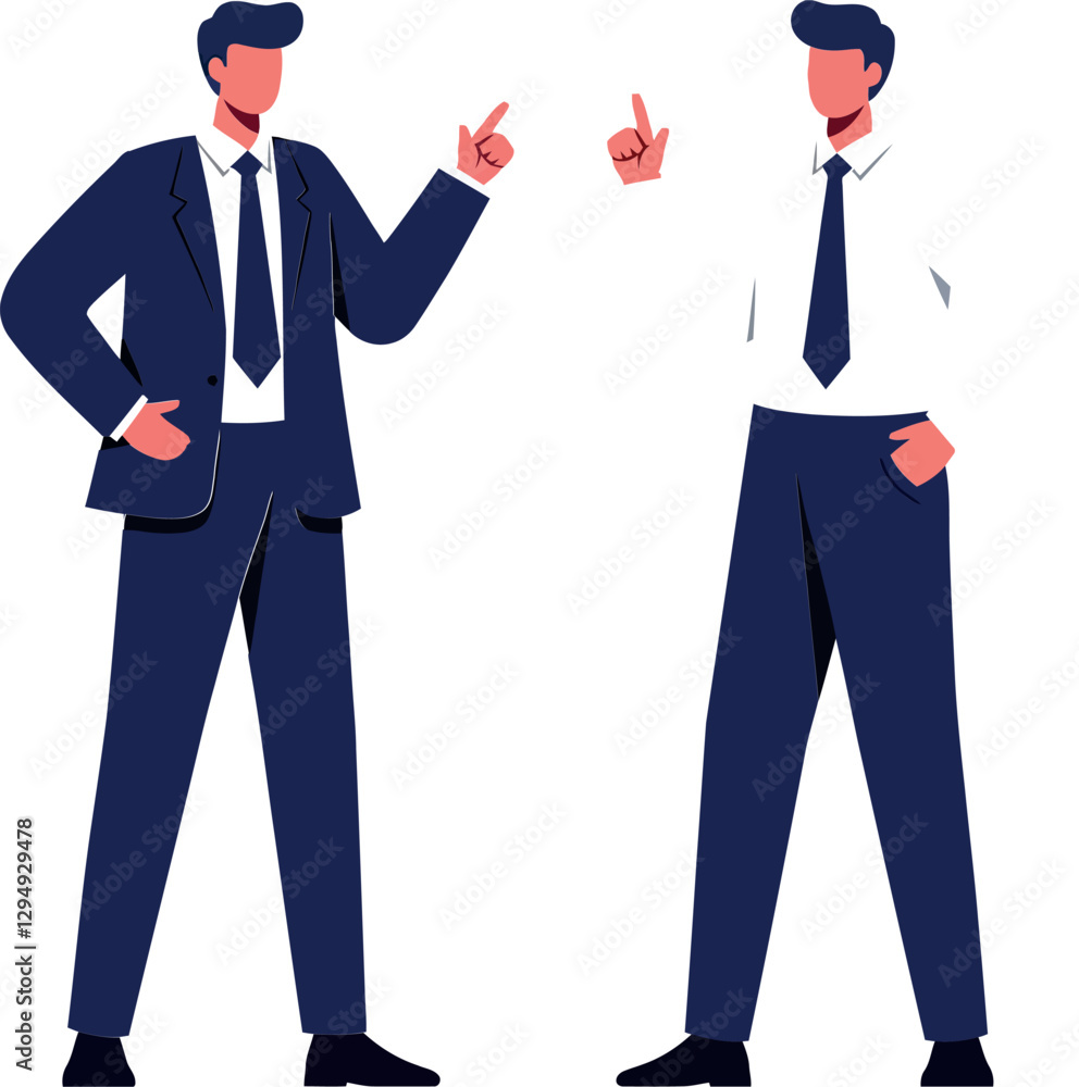 Poster two business professionals engaged in a discussion with expressive gestures in a minimal vector illu