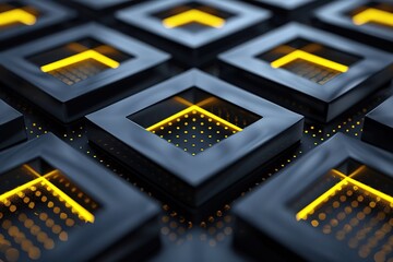 A dynamic square grid with sharp angles and bright contrasting colors like neon yellow and black