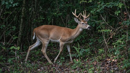 Majestic white tailed deer in a dense forest blending with dappled light and lush underbrush exuding a sense of cautious grace